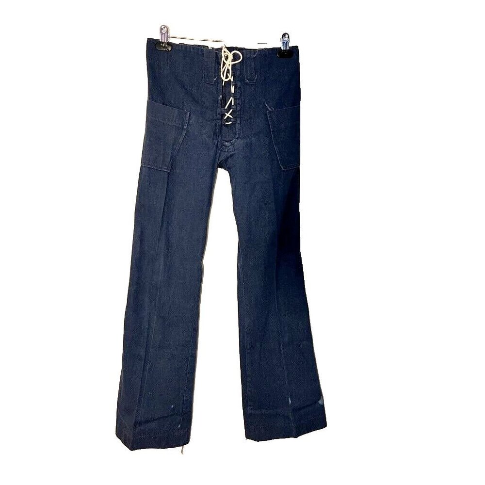 VTG Anastasas Womens 70s Dark Wash Denim Lace Front Bellbottom Flare Jeans 28x31